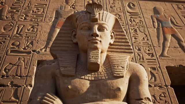 Ancient Egyptian Pharaoh Statue and Hieroglyphs - The video features a weathered sandstone statue of an Egyptian pharaoh, arms crossed, set against a wall adorned with hieroglyphs depicting various