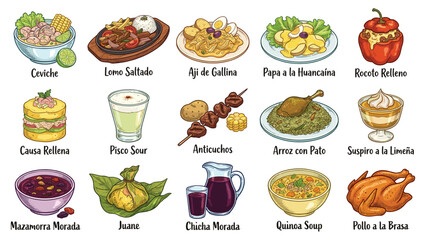 Traditional Peruvian Cuisine Dishes Displayed on a Table with Various Food Items and Ingredients