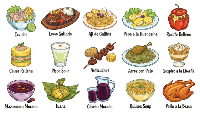Traditional Peruvian Cuisine Dishes Displayed on a Table with Various Food Items and Ingredients