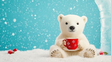 Adorable Polar Bear Cub Holding Red Mug in Snowy Winter Wonderland Scene