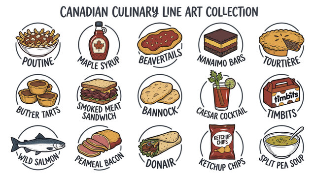 Assorted Canadian culinary delights illustration featuring poutine, maple syrup, and bannock in a flat design