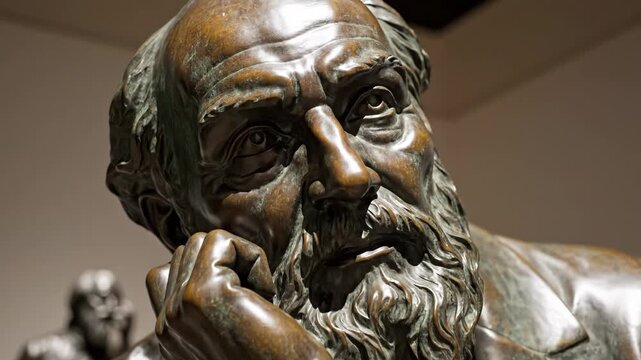 Pensive Bronze Sculpture Detail - This video is a close-up of a bronze sculpture depicting a man with a beard, deep in thought.