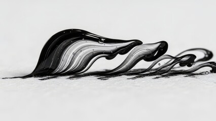 Ink flows in a fluid dynamic motion on a white surface creating a mesmerizing pattern of black and gray swirls