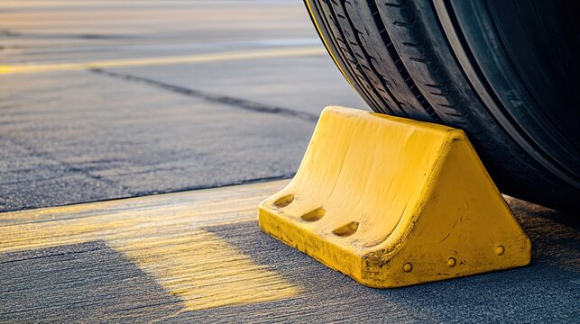 chock. A bright yellow rubber wheel chock secured against an aircraft tire on the tarmac. mobility guides, transit brochures, designed for mobility and urban transit guides, used by researchers.