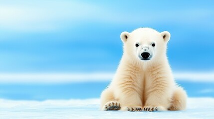 Adorable Polar Bear on Ice with Soft Blue Background in Arctic Wilderness