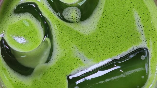 Iced coconut matcha, close up.