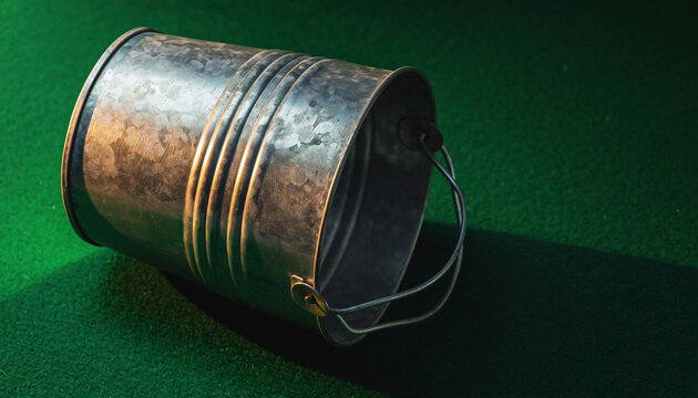 Rusty Metal Bucket Resting on Green Surface for Still Life.