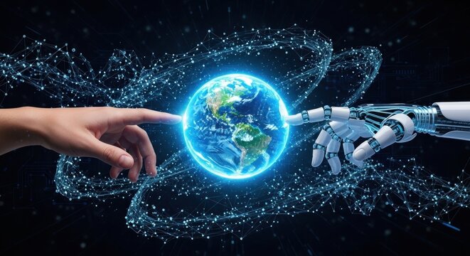 A human hand pointing at a robotic arm with a glowing blue Earth globe in the center, surrounded by a network of digital data and light trails.