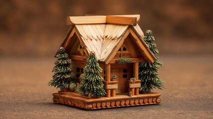 Cozy wooden cabin model with pine trees on platform base