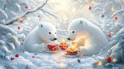 Two Polar Bears Enjoying Warm Drinks in a Snowy Winter Wonderland Scene
