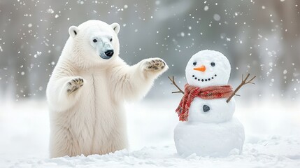 Playful Polar Bear Interacting with Cheerful Snowman in Winter Wonderland Scene