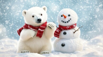 Cute Polar Bear Wearing Red Scarf Poses with Snowman in a Snowy Winter Wonderland