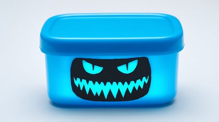 Glowing blue container with spooky face design