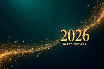A shimmering golden light trail elegantly curves towards the text 2026 happy new year on a dark teal background