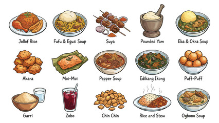 Assorted traditional dishes displayed on a table, showcasing various cultural cuisine in a vibrant and appetizing illustration