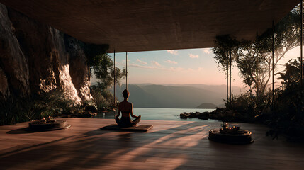 A woman is sitting on a yoga mat in a room with a view of a lake. There are several other yoga mats in the room