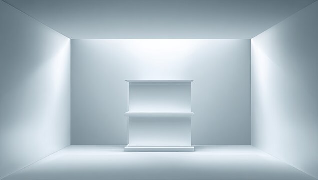 Empty white pedestal in a stark, cube-shaped room illuminated from above