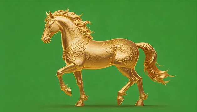 Gold horse chinese new year video 4k zodiac green background sculpture luxury 3d render elegant metal figure ornate pattern decorative festive vibrant celebration prosperity luck