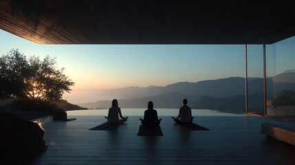 A woman is sitting on a yoga mat in a room with a view of a lake. There are several other yoga mats in the room