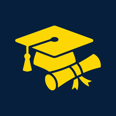Yellow Graduation Cap and Diploma Scroll Icon on Blue Background for Education Concepts