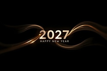 A golden happy new year 2027 celebration graphic with wavy lines on a black background
