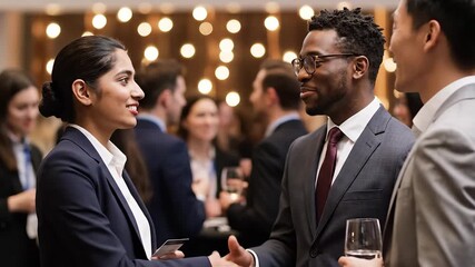 Diverse business professionals engage in lively conversation and exchange contact information at a sophisticated corporate networking event, fostering connections and building relationships in a vibr.