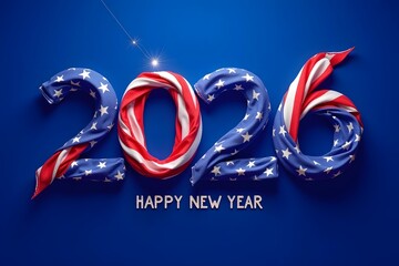 A festive depiction of the year 2026 adorned with the stars and stripes of the american flag happy new year