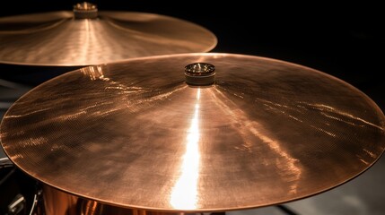 Obraz premium kettledrums. A pair of polished copper kettledrums with taut drumheads gleaming under focused stage lighting. product launch decks.