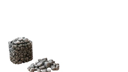 Gabion basket filled with grey stones and pile of loose stones