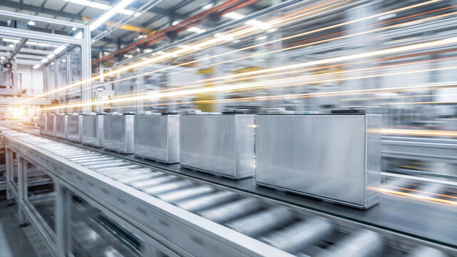Lithium-ion battery cells moving on production line