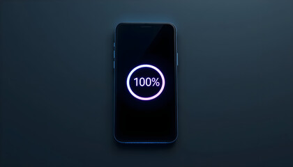 Smartphone battery fully charged 100 percent glowing screen best for mobile app UI design, power technology advertising, and digital energy concepts