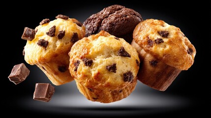 colorful muffin explosion, dynamic burst with splashes, crumbs, and pieces flying in midair, isolated on dark gradient, cinematic high-speed food photography, ultra-realistic details, vibrant color