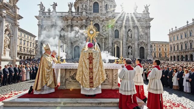 Catholic Procession and Benediction - A Catholic procession is taking place in a large square with a baroque church as the backdrop.