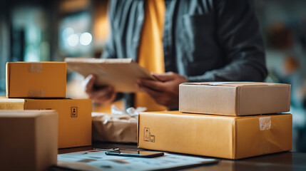 A person holding a cell phone next to a cardboard box. The box is brown and has a white label on it