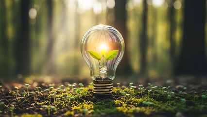 Glowing light bulb in a sunlit forest clearing with moss and trees