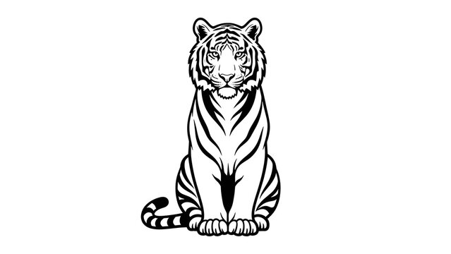 Line art illustration of a sitting tiger with black and white coloring on a plain background.