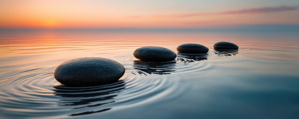 Smooth stones line still water under a sunrise sky, causing ripples