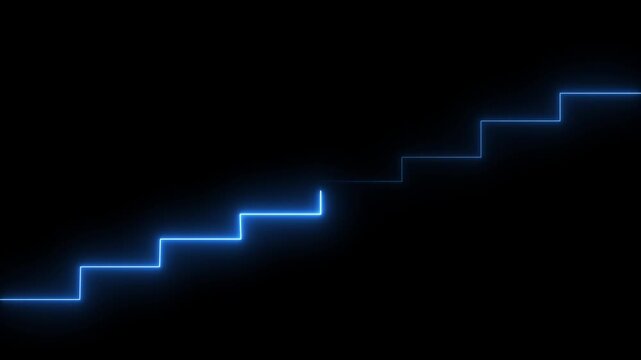 Glowing blue neon light forming a staircase ascending diagonally against a completely black background symbolizing progress, ambition, or a journey upwards