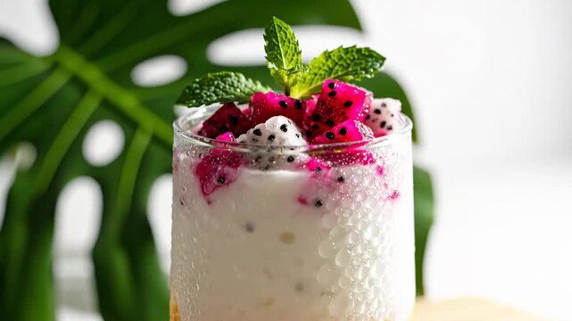 Refreshing Dragon Fruit Parfait - A close-up shot features a refreshing dragon fruit parfait in a glass, topped with fresh mint.