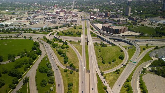 Aerial view of Interstate highway intersection of highway 375 and highway 75 in Detroit Downtown.