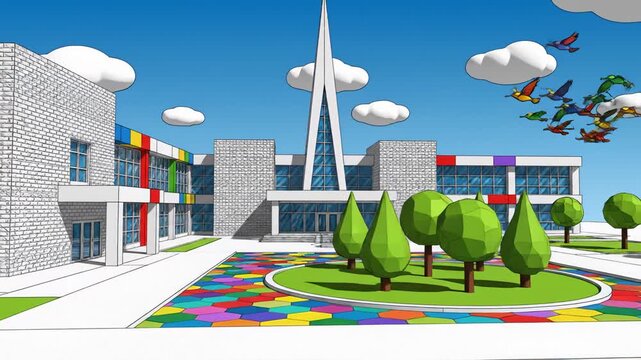 Cartoon Style School Building Exterior With Colorful Court, Animated