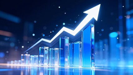 Blue glass bar chart with upward arrow - Powered by Adobe