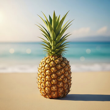 A fresh whole pineapple stands on a sunny beach.