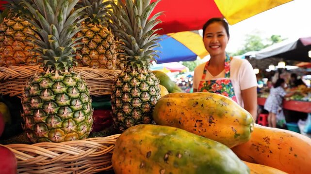 Exotic Fruit Display at Asian Market - A vibrant display of pineapples and papayas is shown at a tropical Asian market. A woman with a floral apron is behind the display.