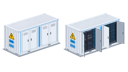 This isometric illustration depicts a white containerized energy storage system, shown closed with safety icons and open to reveal rows of internal battery racks and technical equipment © Skyframe