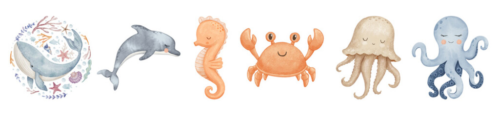 cute watercolor illustration of a vibrant collection of marine animals and coral, perfect for children's designs and underwater themes. © IndustryPNG