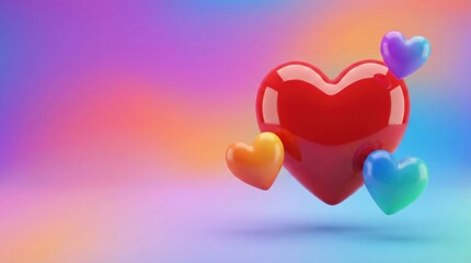 Glossy red heart surrounded by smaller colorful hearts floating against a vibrant gradient background, symbolizing love and affection.