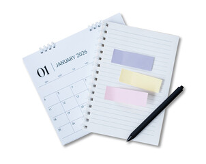 A high-angle a notebook with desk calendar and a black pen isolated on transparent background....