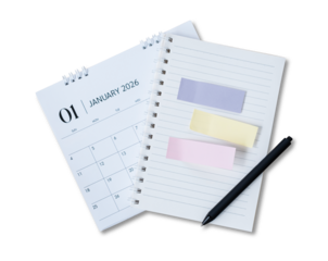 A high-angle a notebook with desk calendar and a black pen isolated on transparent background. Making it ideal for business scheduling, goal setting.
