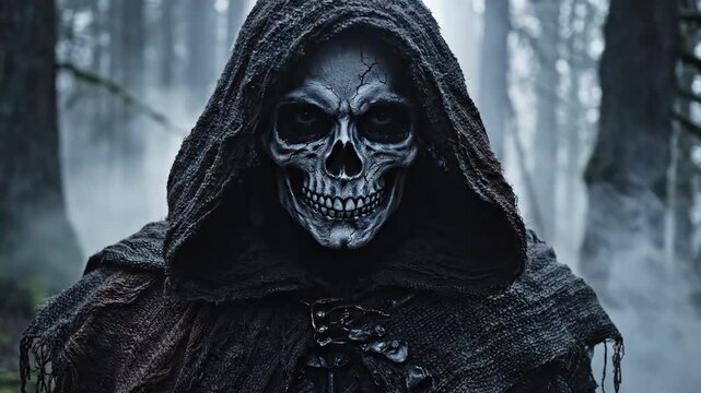 Grim Reaper in Misty Forest - A cloaked figure with a skull face stands in a foggy forest, evoking a sense of death and mystery.